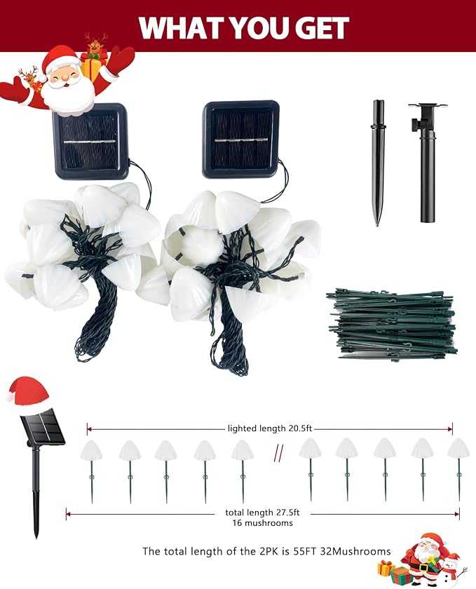 OZS 2PK 32LED 55FT Red and White Christmas Decorations Mushroom Solar Lights - Image 8