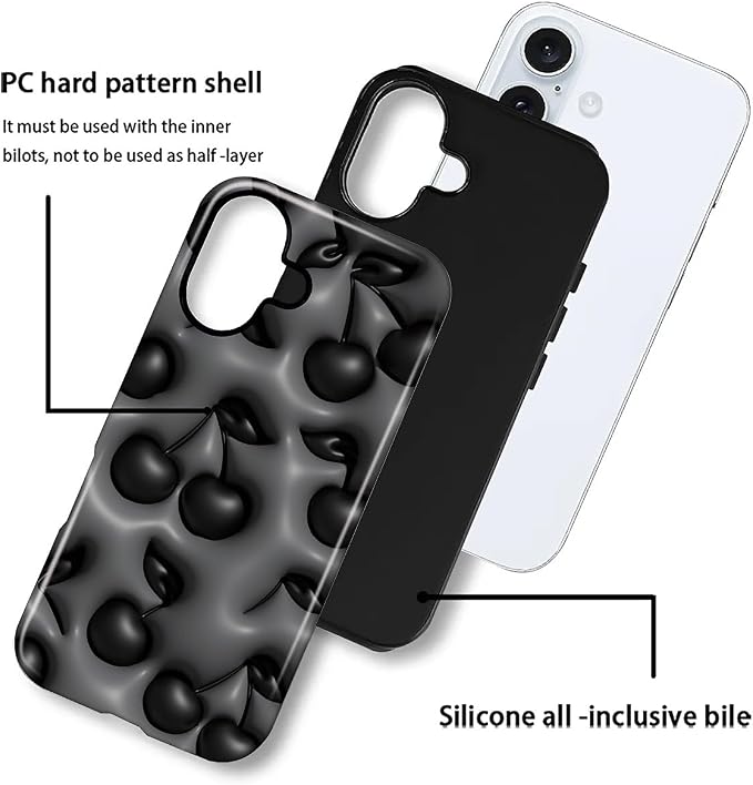 for iPhone 16 Case, HL2 Cute Cool Cherry Black Hybrid 2 Layer Hard Shell - Image 3