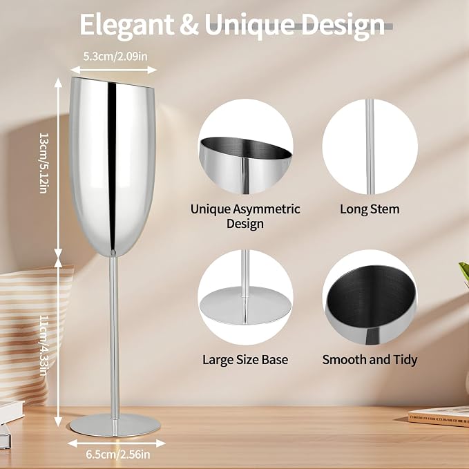 TJ Champagne Glasses Set of 2 Stainless Steel Champagne Flutes 8.5 oz - Image 2