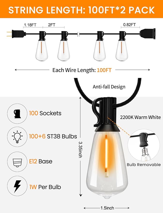 LED Outdoor String Lights 200ft ST38 Waterproof Patio Lights - Image 2