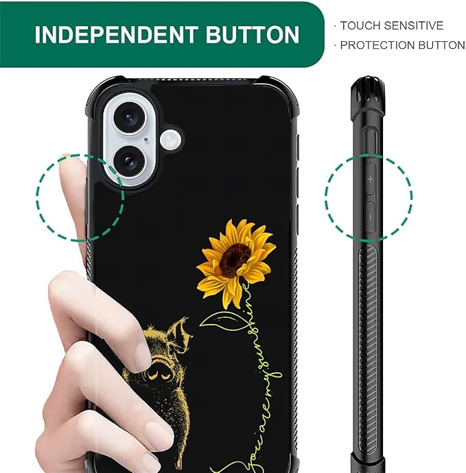 for iPhone 16 Plus Case, Pig Sunflower Yellow Sunshine Pattern Graphic Design - Image 7
