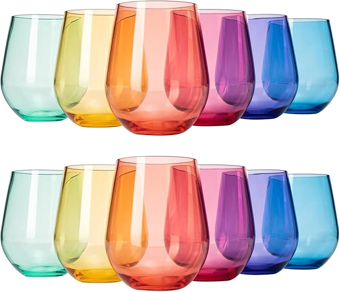 European Style Plastic Crystal Unbreakable Stemless Wine Glasses | Set of 12 | by TheWineSavant