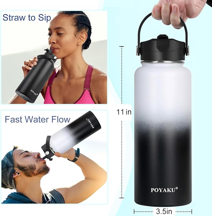 Water Bottle Insulated 32oz 40oz 64oz 128oz Straw Lid Spout Lid & 3 Lids - Image 3
