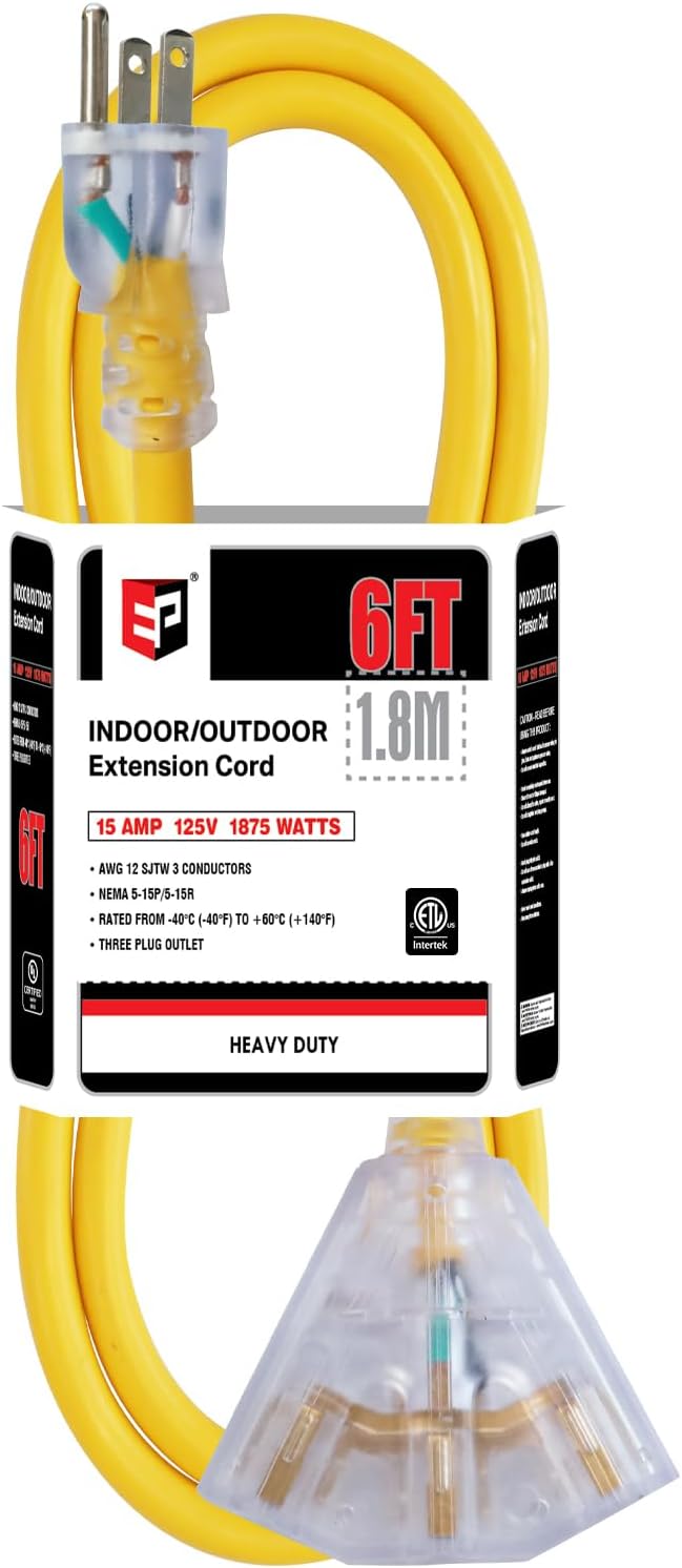 EP 6 Ft 12 Gauge Heavy Duty Extension Cord, 15A 125V 1875W, 3 Outlet by ENERGYPRO