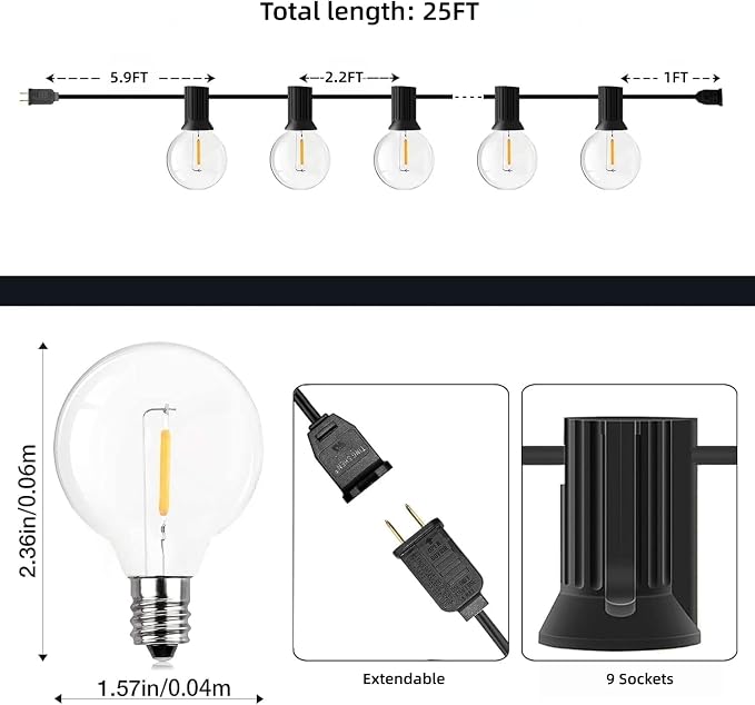 GPATIO Outdoor String Lights, 25FT G40 Bulbs Shatterproof Patio Lights - Image 6