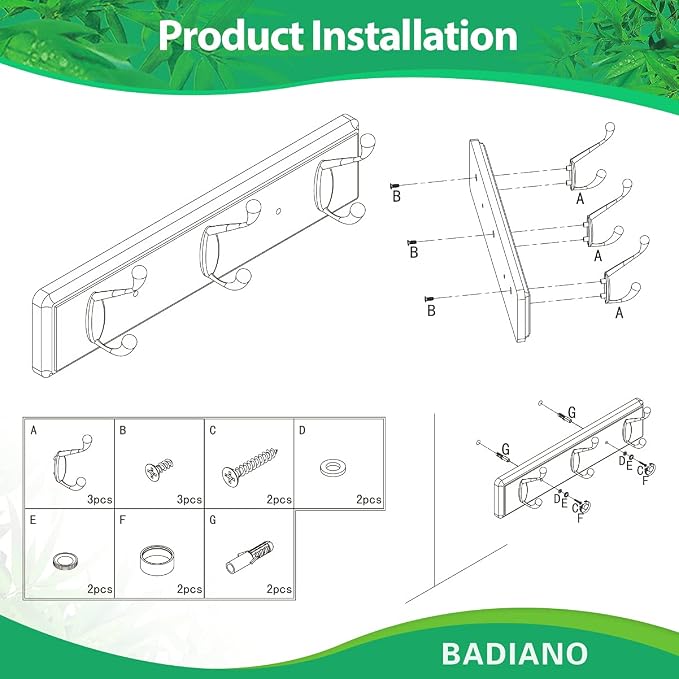 Badiano Wooden Coat Rack, Wall-Mounted Organizer - Image 7