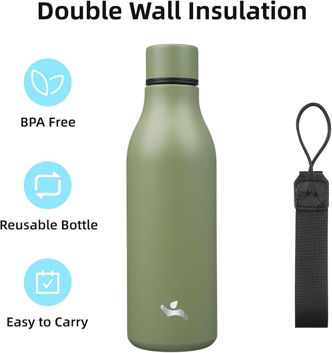 Insulated Water Bottle with Strap, 18 oz Double Wall Stainless Steel Vacuum - Image 3
