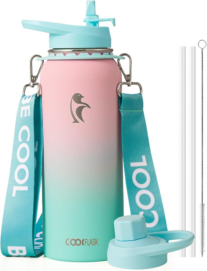 Coolflask Water Bottle with Straw, 40 oz Insulated Metal Water Flask with Straw by Coolflask