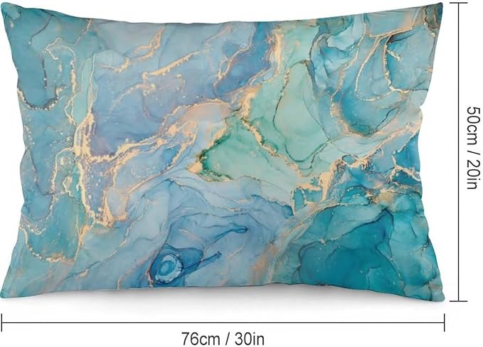 Teal Marble Throw Pillow Covers Set of 2 Queen Size Turquoise Blue Gold Natural - Image 2