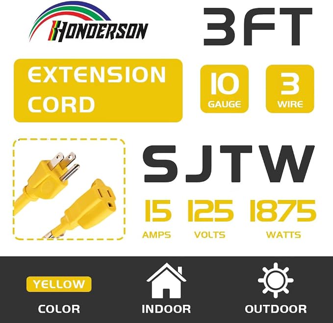 Extension Cord Weatherproof, UL Certified, 10 Gauge 3FT Yellow 3 Prong Heavy - Image 2