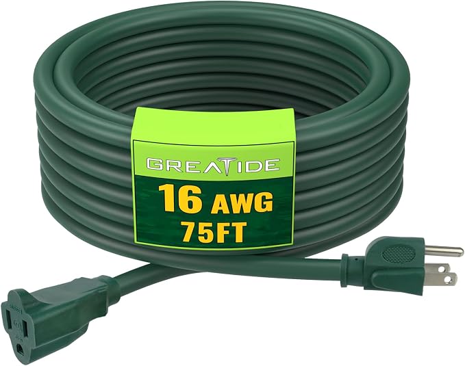 Indoor Outdoor Extension Cord 75 FT, 16/3 SJTW Weatherproof Green Electrical by GREATIDE