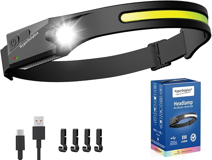 Headlamp Rechargeable LED 230° Wide Beam, USB-C Lightweight Head Lamp, Long by HyperDolphin