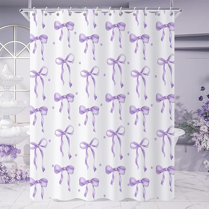 Purple Bow Shower Curtain, Lavender Modern Aesthetic Bowknot - Image 3