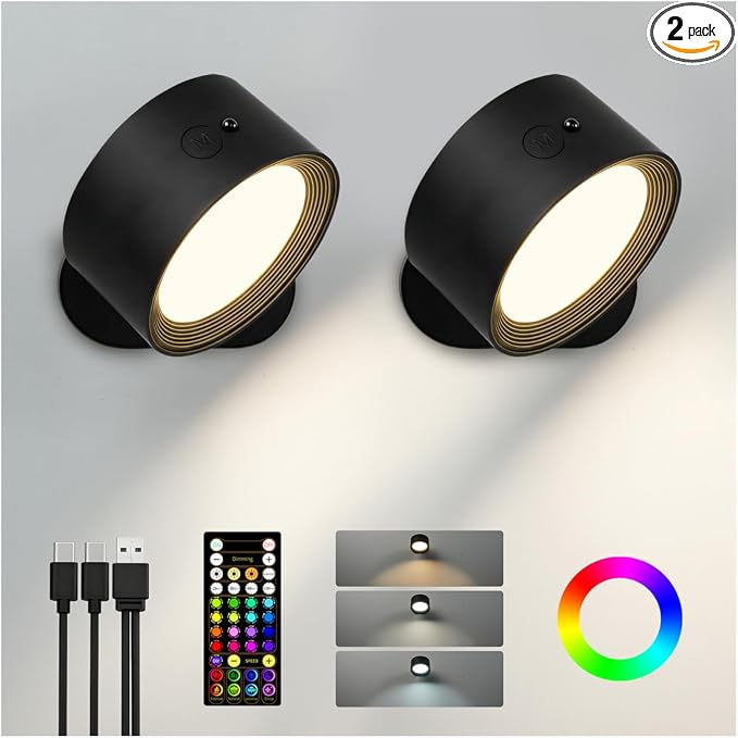 Wall Mounted Lights, 2 Pack Rechargeable RGB Color Changing Light, 3 Color by AMETHEUS