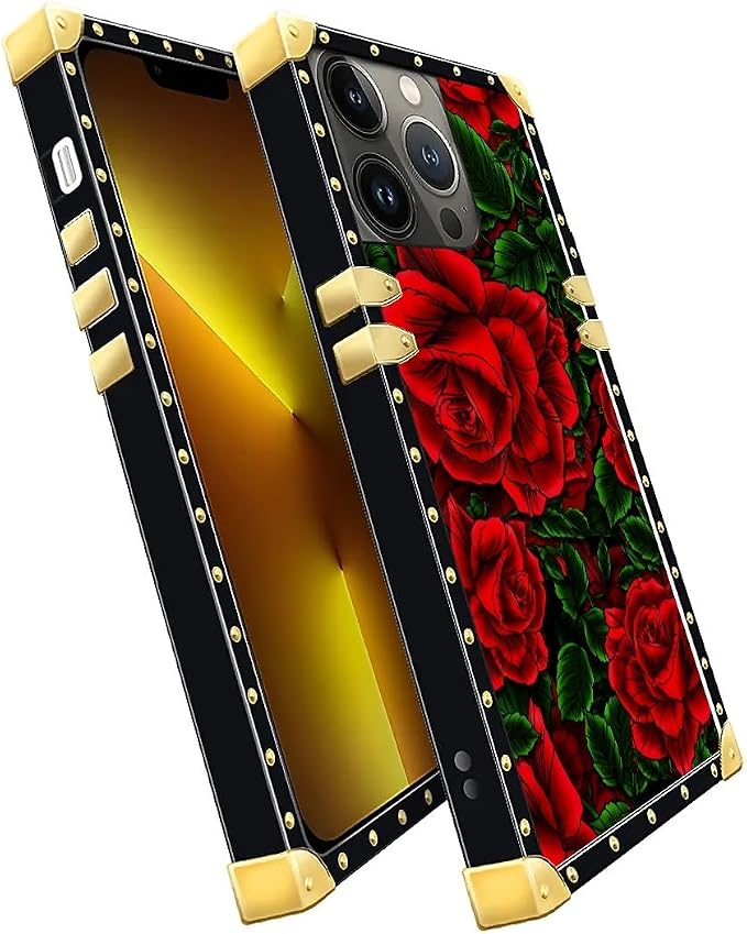 Compatible with iPhone 13 Pro Case, Vector Red Rose Green Leaf Luxury Golden - Image 3