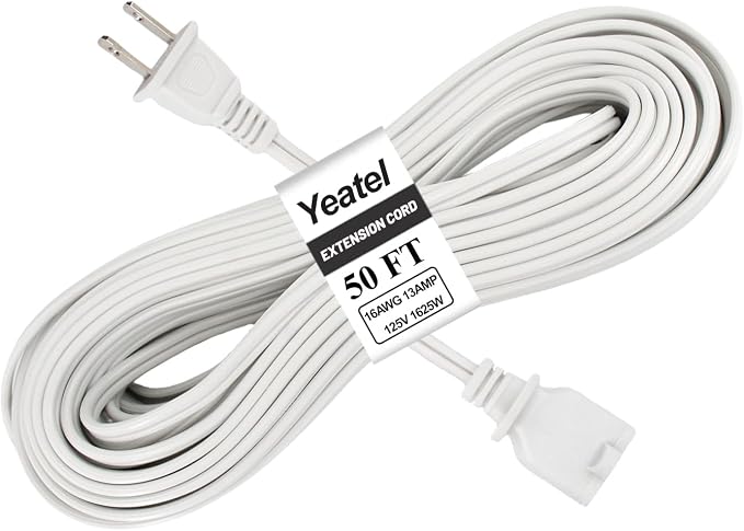 50FT White Extension Cord, 2 Prong Extension Cords Indoor, 16 Gauge SPT-2 Flat by Yeatel