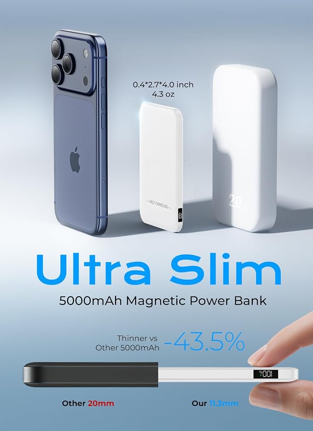Aobbow Magnetic Portable Charger, 5000mAh Ultra Slim Power Bank, 15W Fast - Image 2