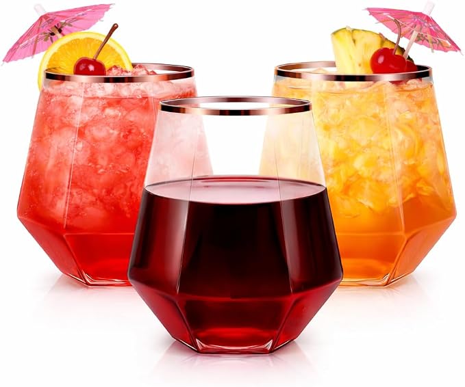Oojami 40 Pack Diamond Stemless Plastic Wine Glasses Rose Gold Rim, 12 oz by Oojami