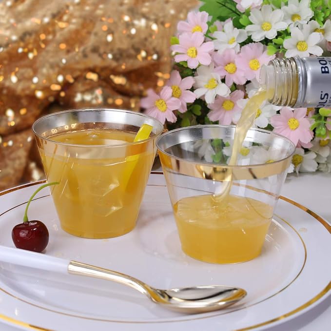 I00000 200 Pack Gold Plastic Cups, 9 Oz Elegant Clear Plastic Cups Gold Rimmed - Image 3