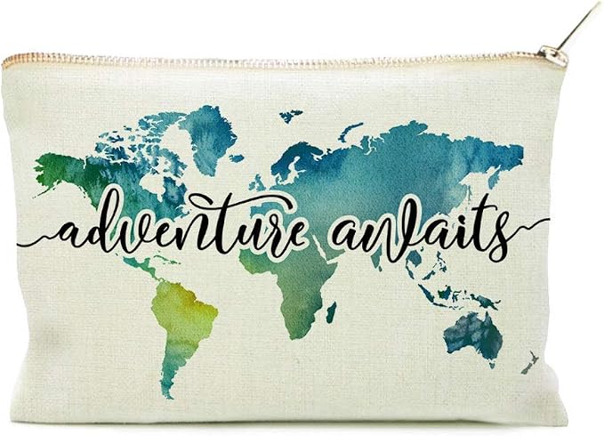 Travel Bag Adventure Awaits Makeup Case Cosmetic Bag Nature Linen World Map by COMODBAG