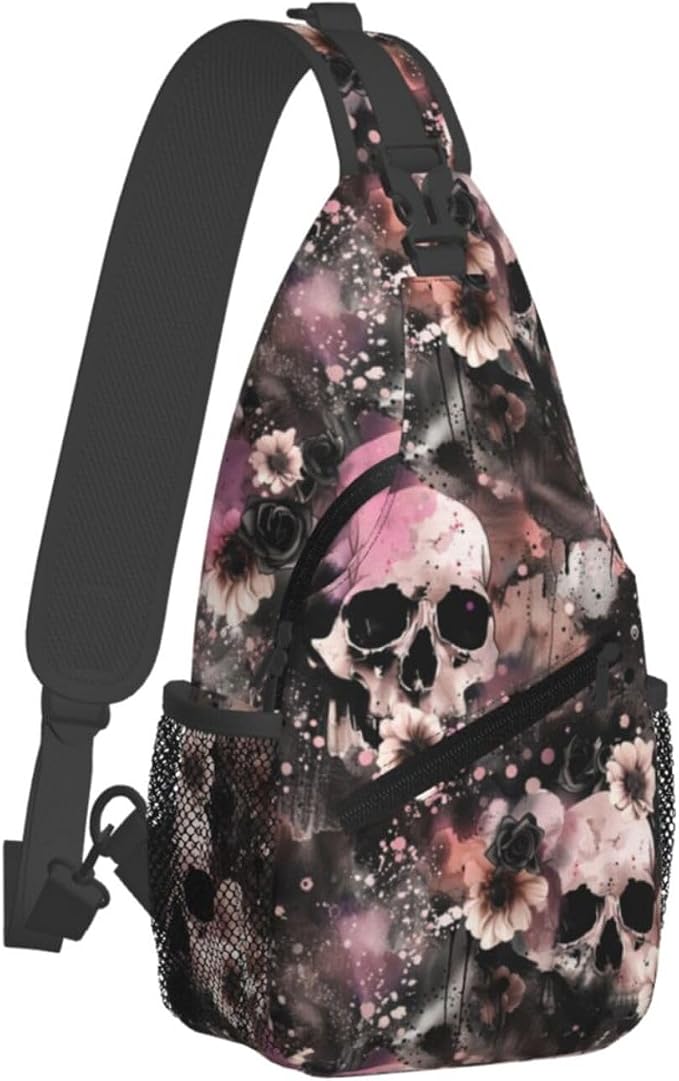 Flowers And Skulls Sling Bag For Women Men Halloween Backpack Crossbody Skull - Image 2