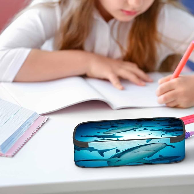 Sharks Pencil Case Organizer Ocean Sea Fish Light Blue Stationery Box Makeup - Image 5
