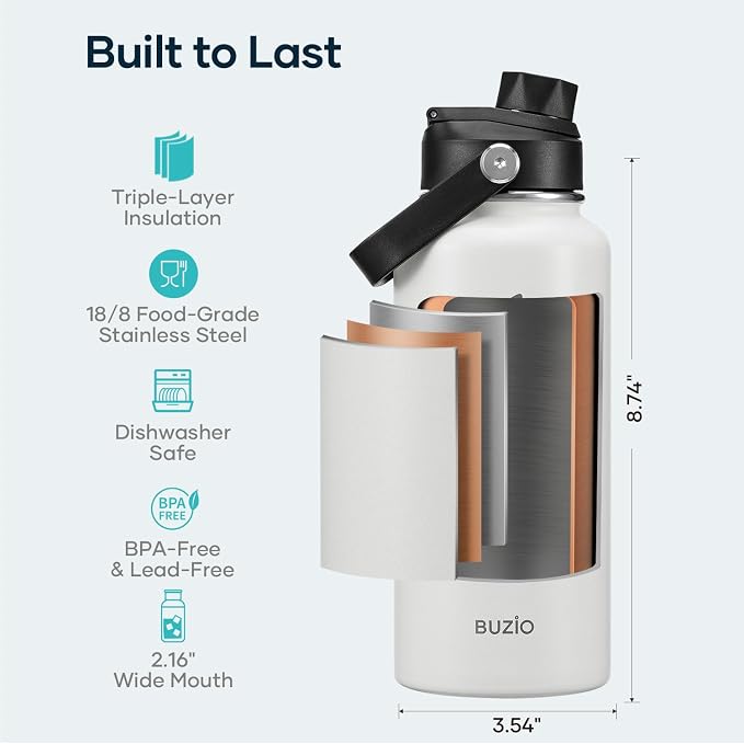 BUZIO 32 oz Water Bottle Insulated, Leakproof Stainless Steel Flask, Wide Mouth - Image 4