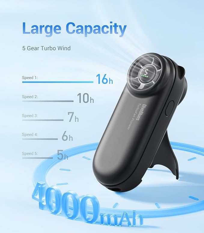Diveblues Handheld Portable Turbo Fan, 4000mAh USB Rechargeable Pocket Fan - Image 4