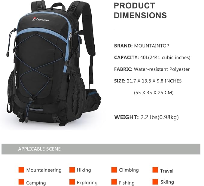 MOUNTAINTOP 25L/40L Hiking Backpack, Lightweight Travel Backpack - Image 2