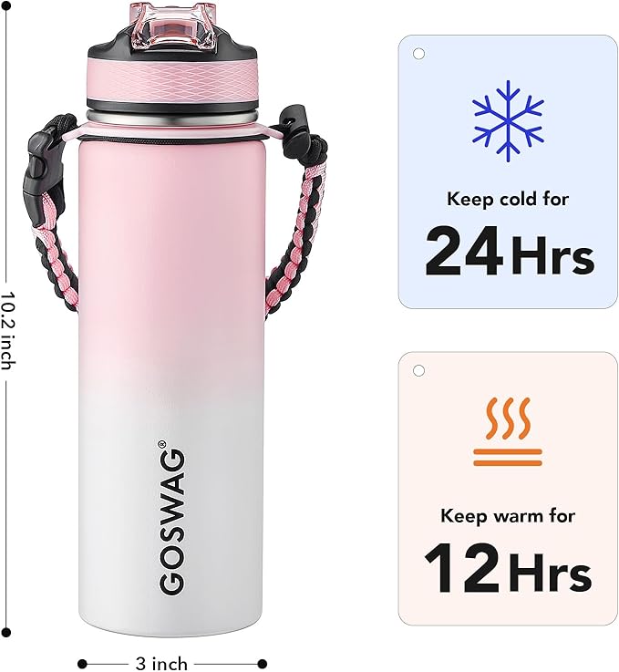GOSWAG Insulated Sports Water Bottle, 24oz 2 Lids, Stainless Steel Water Bottles - Image 2