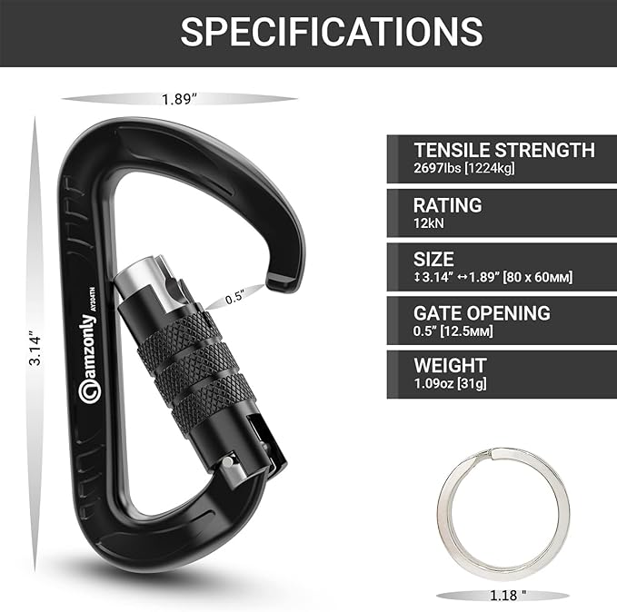 3inch Auto Locking Carabiner Clips Heavy Duty, 12KN /2697lbs Lightweight - Image 2
