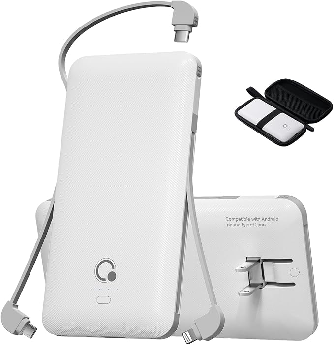 Brand Q Portable Charger with Built-in Cables and AC Wall Plug, Slim USB C by BrandQ