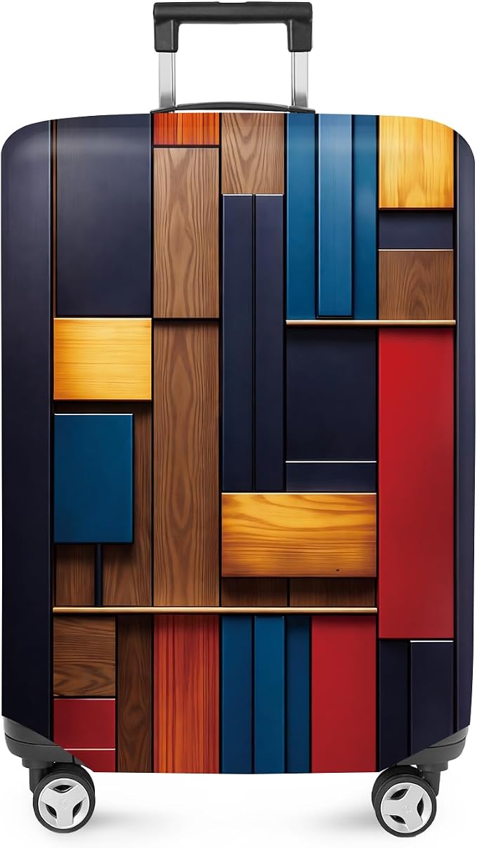 ANNA QUEEN Modern Geometric Wood Luggage Cover, Abstract Panel Suitcase by ANNAQUEEN