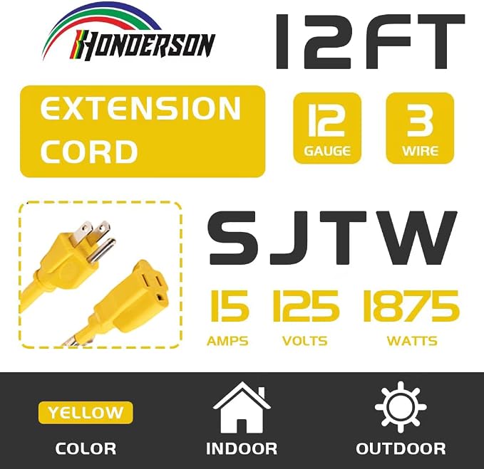 Indoor Outdoor Extension Cord Weatherproof, UL Listed, 12 Gauge 12FT Yellow 3 - Image 2