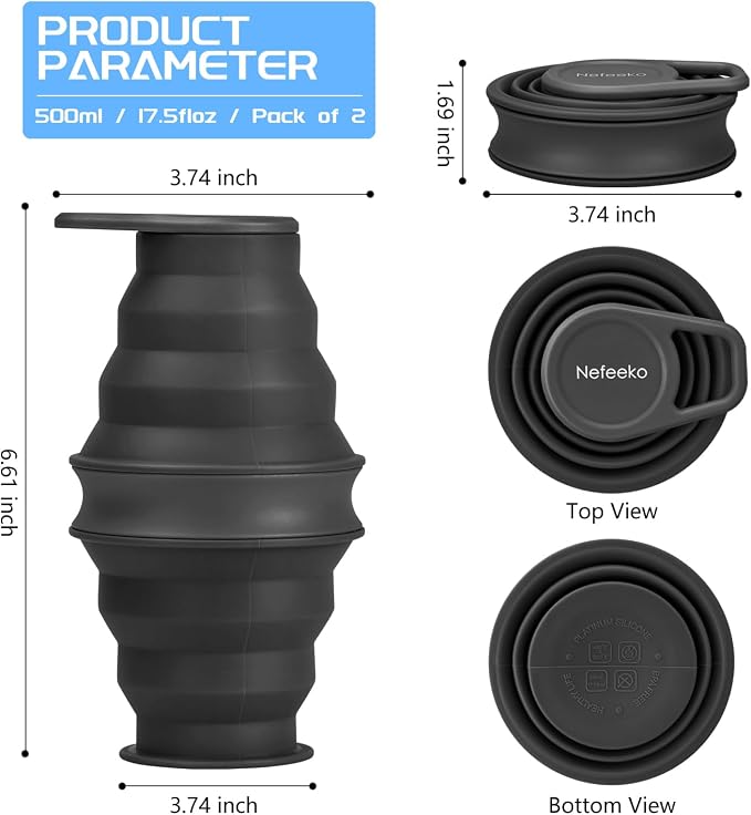 Nefeeko Collapsible Water Bottle, 17oz Reuseable BPA Free Silicone Foldable - Image 2