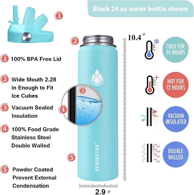 SENDESTAR Stainless Steel Wide Mouth Water Bottle 24oz Double Wall Vacuum - Image 4