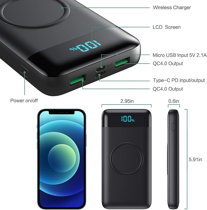 Wireless Portable Charger 30, 15W Wireless Charging USB C Power Bank, 25W PD QC - Image 3