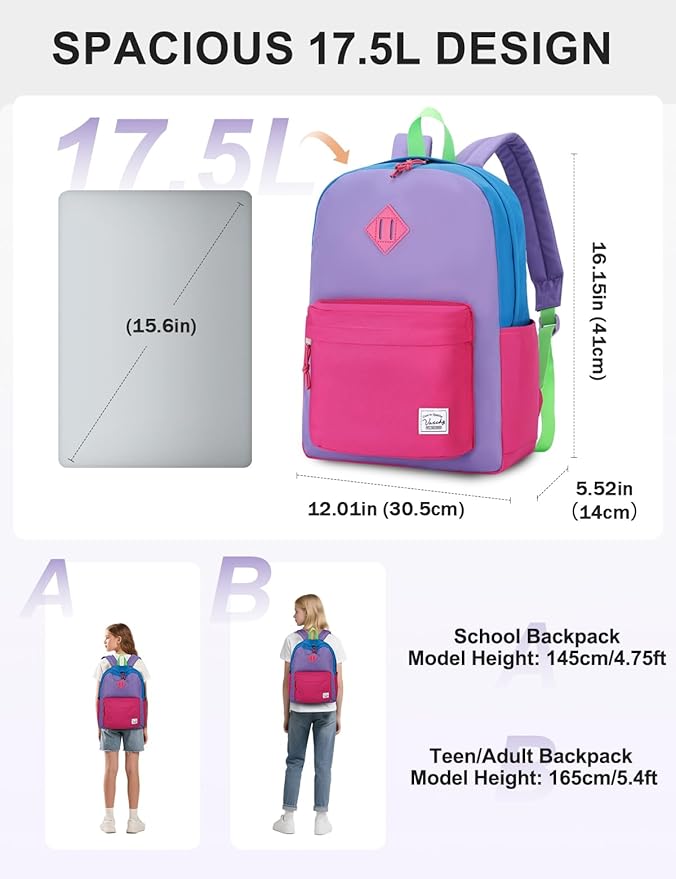 VASCHY Lightweight Backpack for School, Water Resistant Classic Bookbag - Image 2