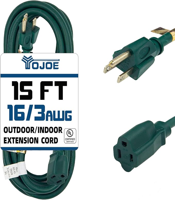 YOJOE Indoor Outdoor Extension Cord, 16 Gauge SJTW Heavy Duty 15 ft Green by YOJOE