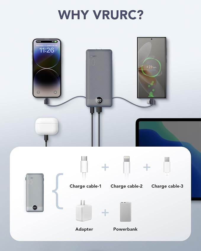 VRURC Portable Charger Built-in Cables and AC Wall Plug, USB C Power Bank - Image 5