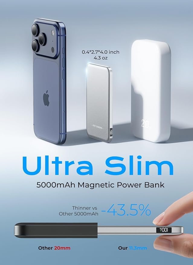 Aobbow Magnetic Portable Charger, 5000mAh Ultra Slim Power Bank, 15W Fast - Image 2