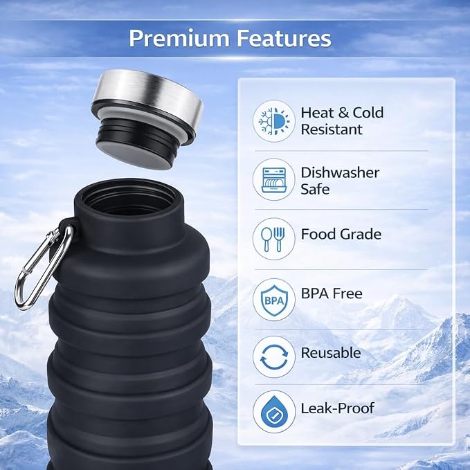 Collapsible Water Bottles, 16oz Capacity Portable Reusable Silicone Water Bottle - Image 5