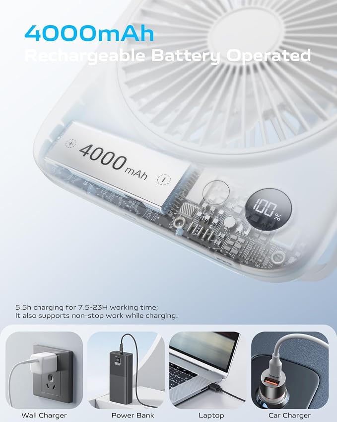 Otlonpe Portable Desk Fan 6.5 Inch, 4000mAh Rechargeable Battery Operated & USB - Image 3