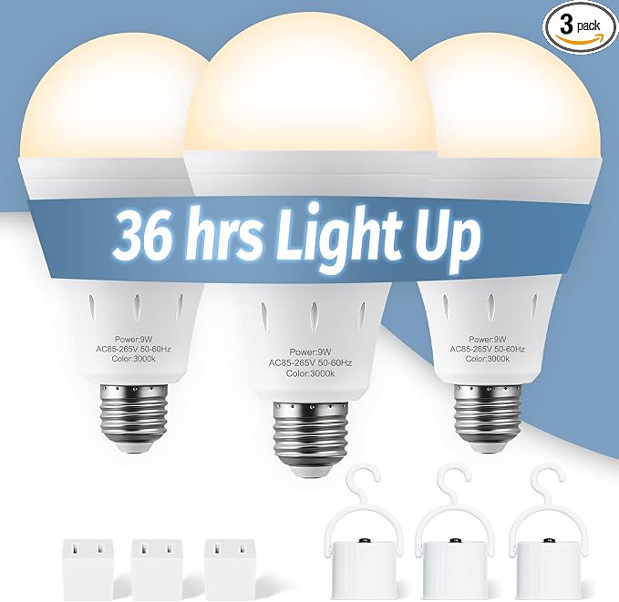 3Pack Rechargeable Emergency Light Bulb, A19 9W Warm White 3000K Self-Charging by ALUOCYI