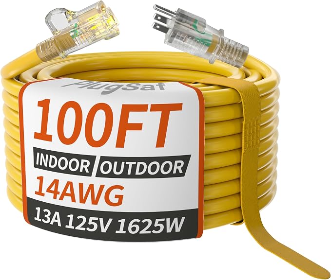 PlugSaf 14/3 Gauge Yellow Outdoor Extension Cord 100 ft Waterproof by PlugSaf