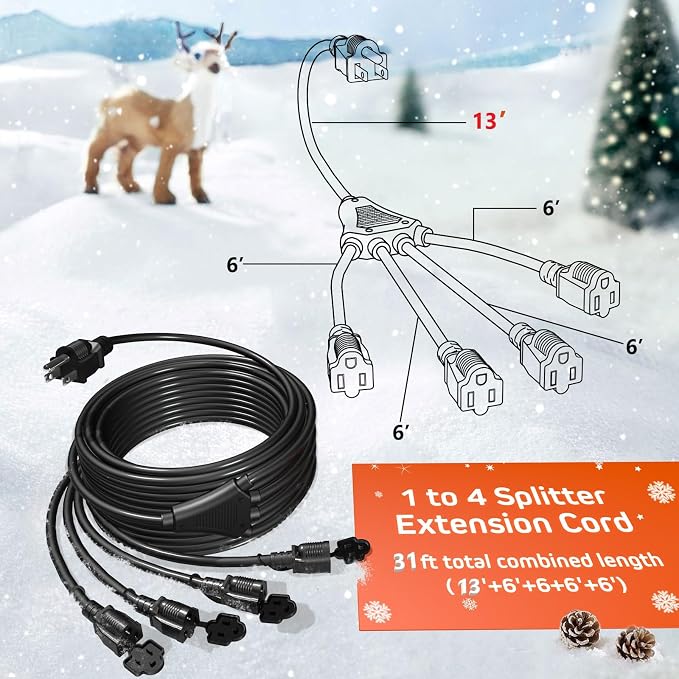 Eversimpleinc Black 1 to 4 Splitter Extension Cord, 3 Prong Plug - Image 3