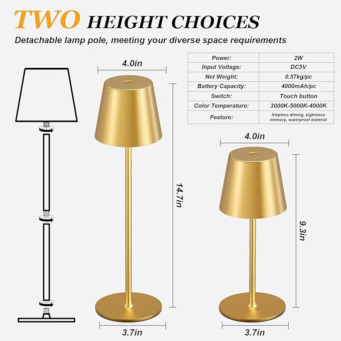Kakanuo Cordless Table Lamp Rechargeable Gold - Image 5