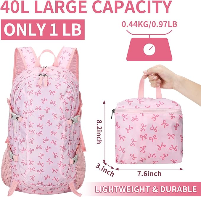 40l Foldable Pink Bow Backpack for Women Pink Waterproof Lightweight Packable - Image 3