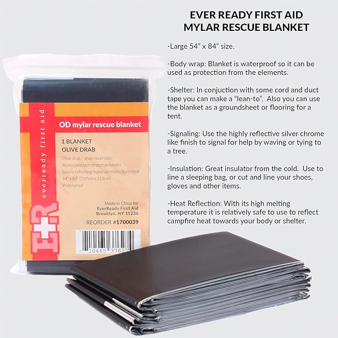 Ever Ready First Aid Mylar Rescue Blanket, Large Olive Thermal Sheet - Image 2