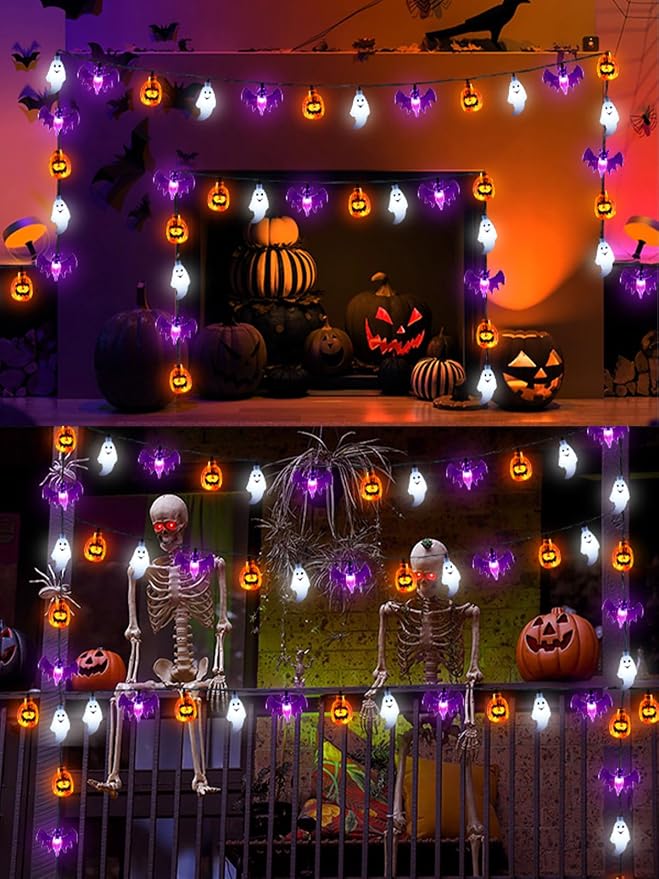 Halloween String Lights, 3D Pumpkin Bat Ghost Fairy Lights Battery Operated - Image 7